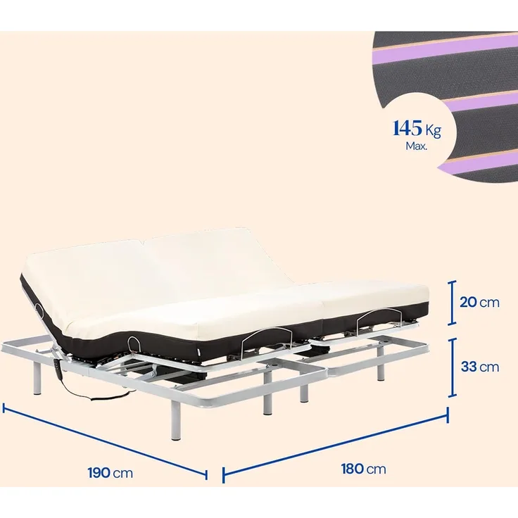 Gerialife® Verstärktes Doppelbett mit orthopädischer viskoelastischer Matratze 20 cm (180x190, Kabelsteuerung)