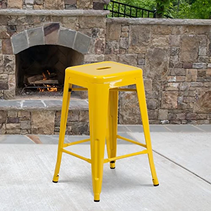 Flash Furniture Handelsübliche Qualität, 61 cm hoch, rückenfrei, Metall, für drinnen und draußen, Thekenhöhe, Hocker mit quadratischem Sitz, Kunststoff, verzinkter Stahl, Gelb, 4 Stück – Bild 3