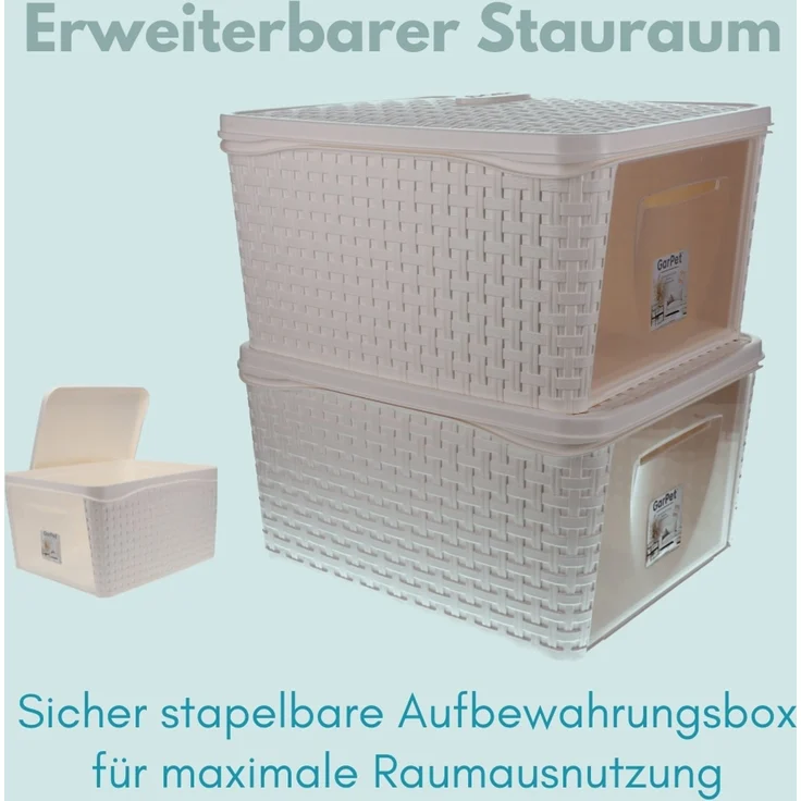 4er Set Aufbewahrungsbox mit Deckel Weiß Frontöffnung Schrank Organizer Stapelbox Kleiderschrank Korb mit Deckel Aufbewahrung Badezimmer Rattan Optik – Bild 4