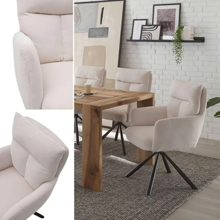 Sofia Esszimmerstühle 6er Set mit schwarzem Metallgestell und Cord Bezug, Beige - Bequeme Stühle für Esszimmer & Wohnzimmer - 60 x 93 x 67 cm (B/H/T) – Bild 6