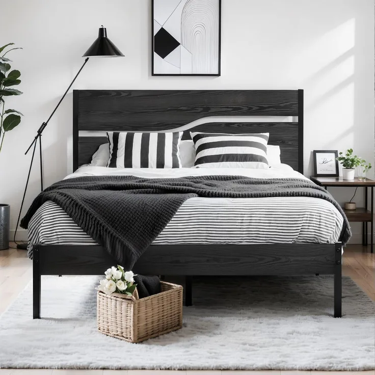 VECELO Bettgestell 140x200 cm, Doppelbett mit Holzoptik-Kopfteil und Lattenrost, bis 320 kg belastbar, 31 cm Bodenfreiheit, geräuscharm, einfache Montage, Schwarz