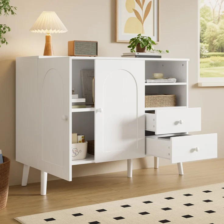 Merax Sideboard, gewölbte Türen, Holzgriffe, Holzfüße, mit 2 Türen, 2 Schubladen und 2offenem Fach, Mehrfachaufbewahrung, Weiß – Bild 2