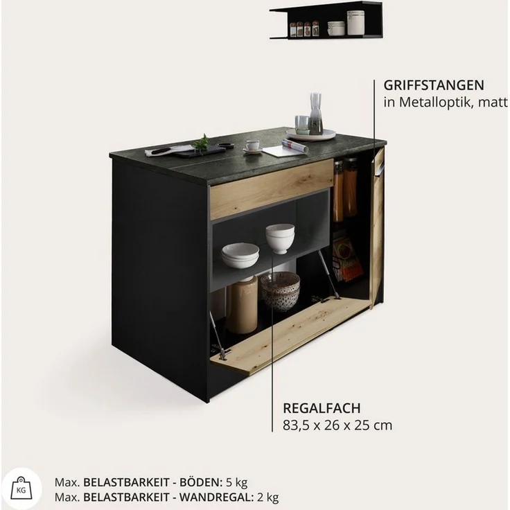 Jazz Moderne Kücheninsel mit Arbeitsplatte freistehend in Anthrazit, Artisan Eiche Optik - Geräumige Kochinsel mit viel Stauraum - 145 x 90 x 90 cm (B/H/T) – Bild 3