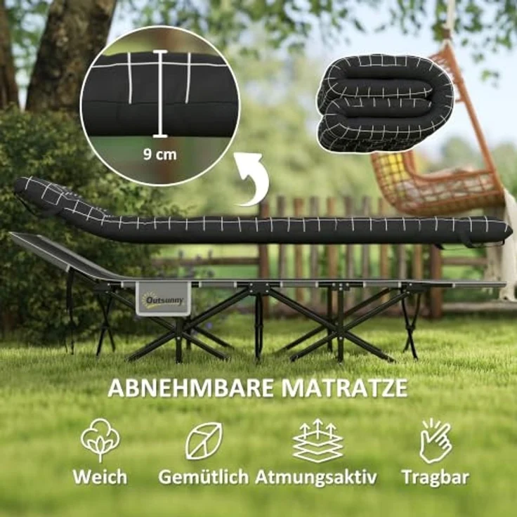 Outsunny Feldbett Campingbett 190 x 67 x 37 cm Gästebett bis 150 kg (mit dicker und weicher Matratze zum Schlafen, 1-St, mit rutschfesten Füßen) Seitentasche und Tragetasche, Schwarz – Bild 3