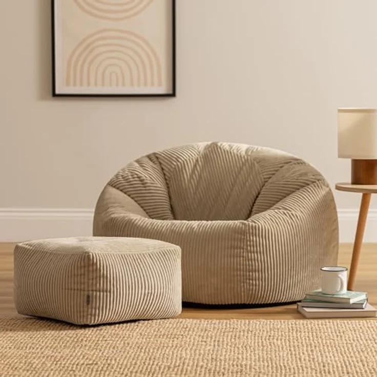 icon Kingston Cord Sitzsack Stuhl und Poufe, Stein Beige, Große Lounge Chair Sitzsäcke für Erwachsene mit Füllung Enthalten, Jumbo Cord Erwachsene Sitzsack, Boho Room Decor Wohnzimmer Möbel – Bild 5