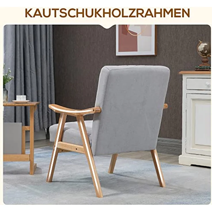 HOMCOM Relaxsessel Polsterstuhl mit Armlehnen in Samtoptik (Loungesessel, 1-St, Ohrensessel), Hellgrau 68 x 74 x 82 cm – Bild 6