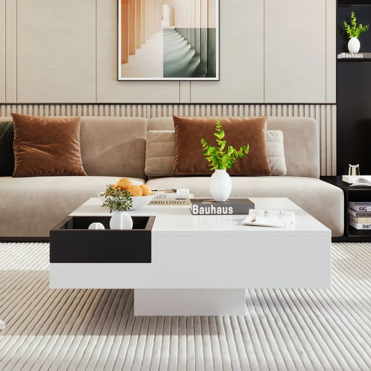Moderner Couchtisch Schwarz Weiß Hochglanz LED Aufbewahrungsbox Wohnzimmer Tisch Design Möbel – Bild 2