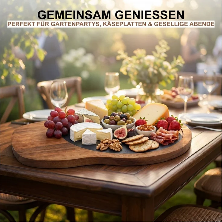 hausleben Servierbrett aus Akazienholz mit Schiefereinsatz, (Set, 1-St, 1-teiliges Set bestehend aus einem Akazienholz-Servierbrett), 29x23 cm, Rustikale Eleganz für Käse, Snacks & Deko – Bild 2