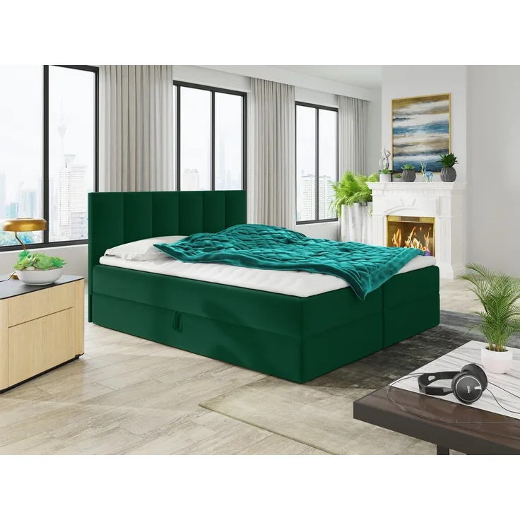 Boxspringbett Star mit Topper, Bonell-Matratze und 2 Bettkästen, Doppelbett, Polsterbett, Bett (Dunkelgrün (Kronos 19), 160 x 200 cm)