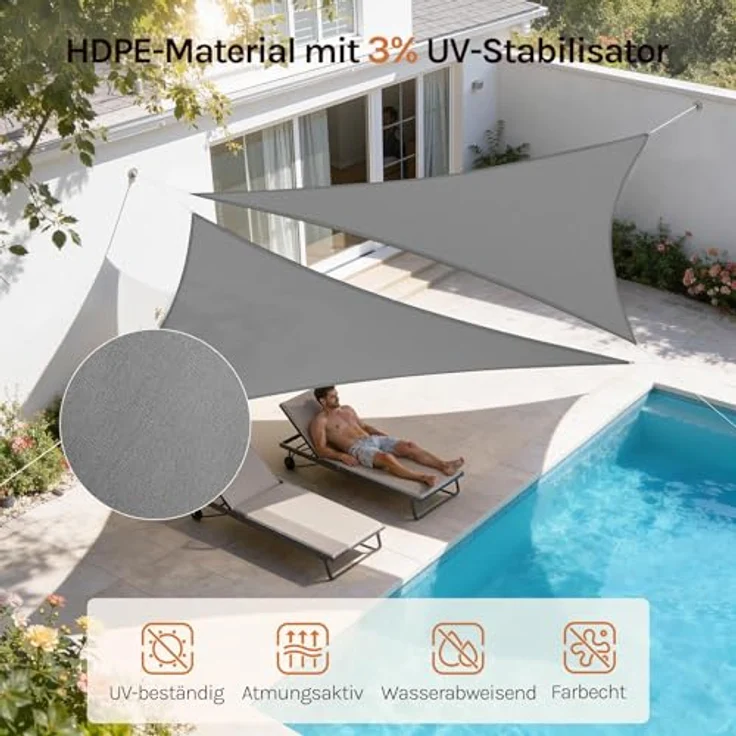 WOLTU Sonnensegel Dreieck 3 x 3 x 4,25 m Grau atmungsaktiv Sonnenschutz HDPE Windschutz mit UV Schutz für Garten Terrasse Camping – Bild 6