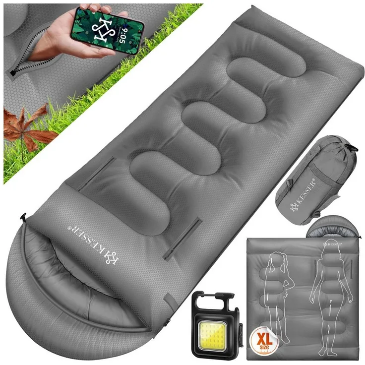 KESSER Deckenschlafsack Camping Schlafsack Outdoor 175x83cm 4 Jahreszeiten (Campingschlafsack inklusive Campinglampe & Seitentasche), für Erwachsene & Kinder Leicht Tragbar Warm & Wasserabweisend