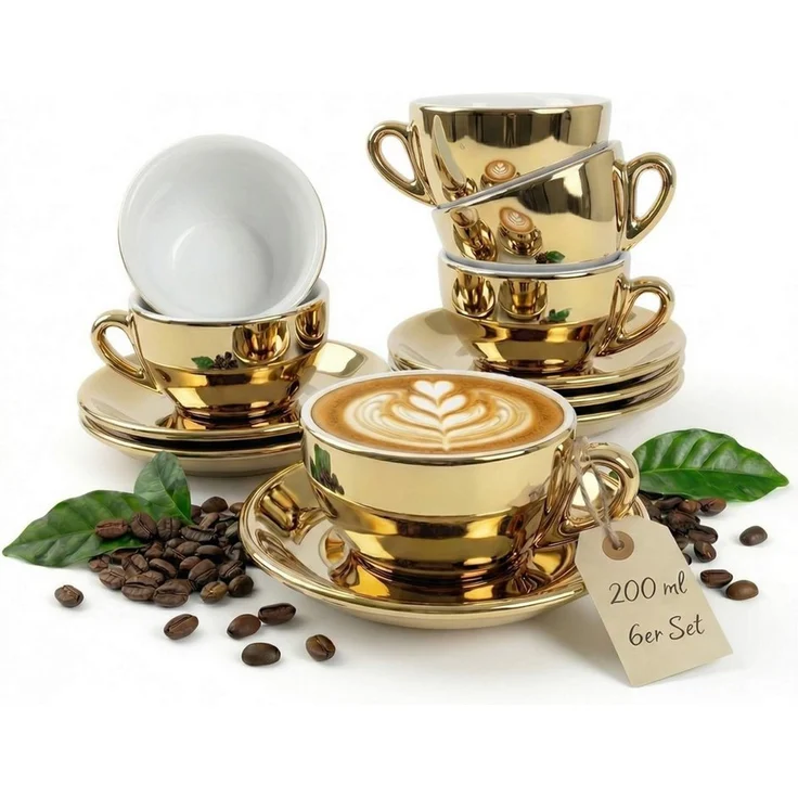 MUVELL Cappuccinotasse 6er Cappuccino-Set "FLORENZ" Tasse 200ml + Untertasse, gold, 6-tlg, Keramik, 200 ml robust – Bild 1