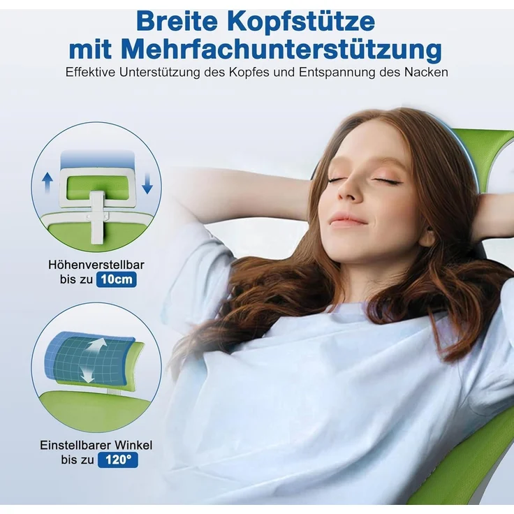 Ergonomischer Bürostuhl mit verstellbarer Kopfstütze und Armlehnen, Grün, 150kg – Bild 7