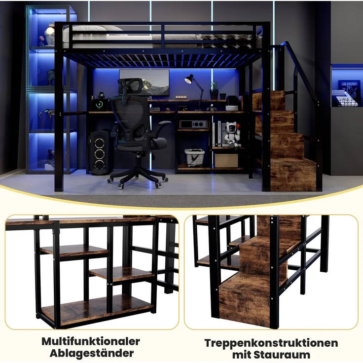 Hochbett, 140 x 200 cm, Metallbettgestell, Leiterschrank, Ablagefach, USB + Typ-C, LED-Lichtleiste, Ohne Matratze, Schwarz – Bild 9