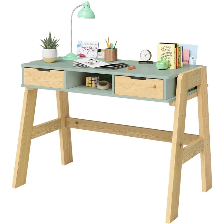 Bellabino 'Campo' Kinderschreibtisch, mintgrün, 4-fach höhenverstellbar 56-75 cm, Jugendschreibtisch mit 2 Schubladen und 3 Aufbewahrungsfächern, 75x63x93 cm