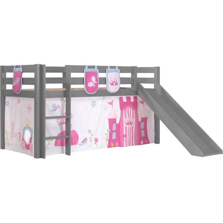 Vipack Spielbett 'Pino' inkl. Rutsche grau, mit Textilset Vorhang und 3 Taschen 'Princess'