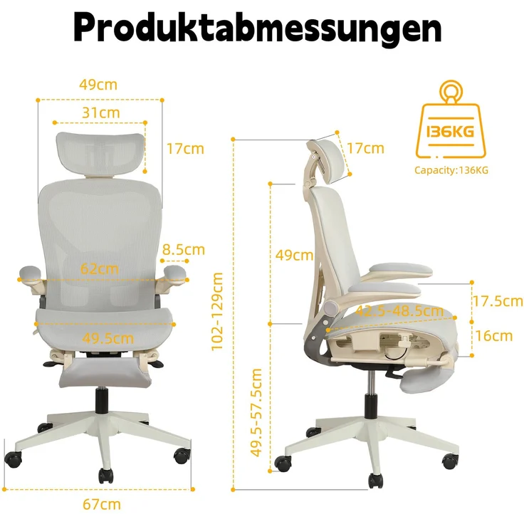 Klappbarer ergonomischer Bürostuhl, kleiner Platz-Klappstuhl mit Taillenstütze, Ganznetzschiebekissen, klappbare Armlehnen, 3D-Kopfstützen und Bürostuhl mit Arbeitspedalen,grau--Herde--129x48.5x62cm--YOUDENOVA – Bild 2