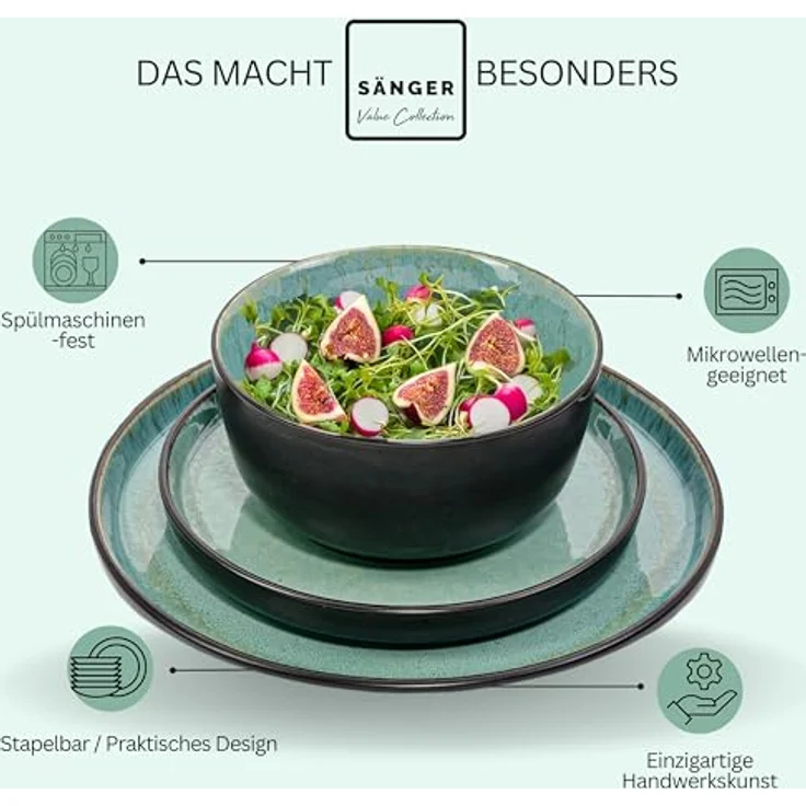 Sänger Fiji Tafelservice, 24-teiliges Geschirr-Set aus grünem Steingut, kratzfest, spülmaschinen- und mikrowellengeeignet – Bild 4
