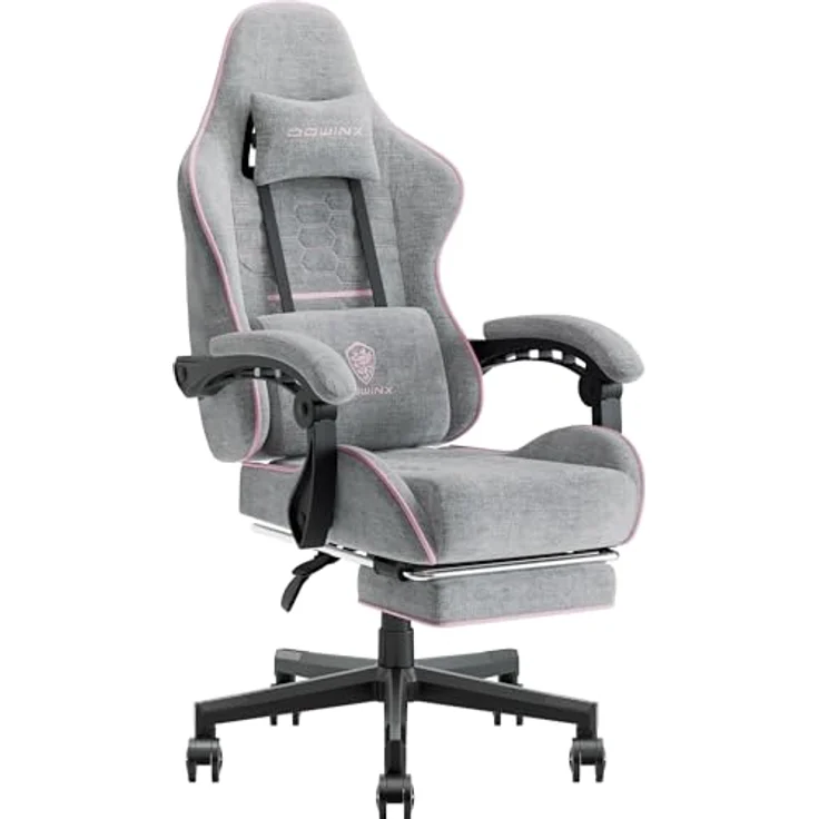 Dowinx Gaming Stuhl Bürostuhl Stoff Tasche Frühling Kissen, Massage Gamer Stuhl Stoff mit Kopfstütze, Ergonomische Bürostuhl mit Fußstütze (Grau und Pink) – Bild 2