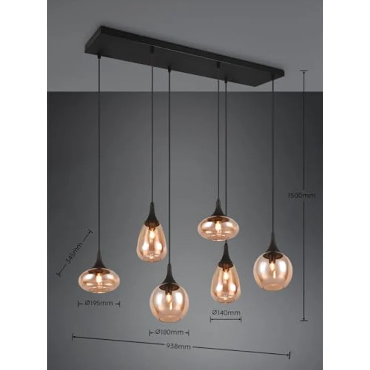 Trio Leuchten Lumina Pendelleuchte, 6-flammig, 240 W, Amber/Schwarz, E14, L x B x H: 34,5 x 93,8 x 150 cm – Bild 7