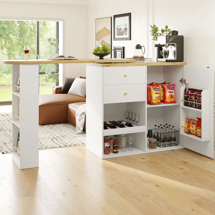 Drehbarer Bartisch (Hauptkörper 105 x 39 x 102 cm), mit 2 Schubladen und Schiebetürschrank, 3 Ebenen offener Stauraum, geeignet für Esszimmer/Arbeitszimmer/Wohnzimmer usw – Bild 3