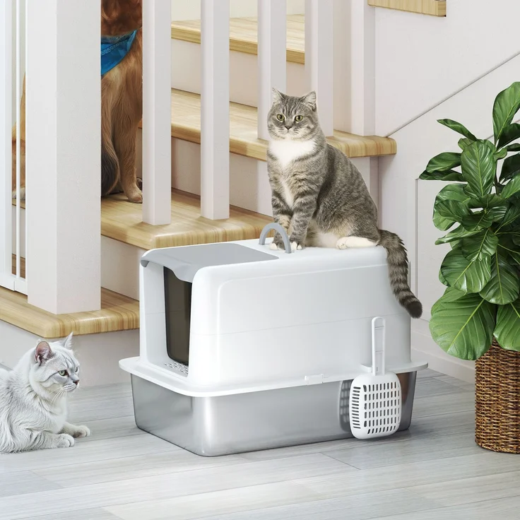 Katzenklo, Katzentoilette mit Deckel, Wanne aus Edelstahl, eingebauter Streufilter, inklusive Streuschaufel, für Katzen bis 6 kg, Weiß--Weiß--40.5x60.5x41.5cm--YOUDENOVA – Bild 7