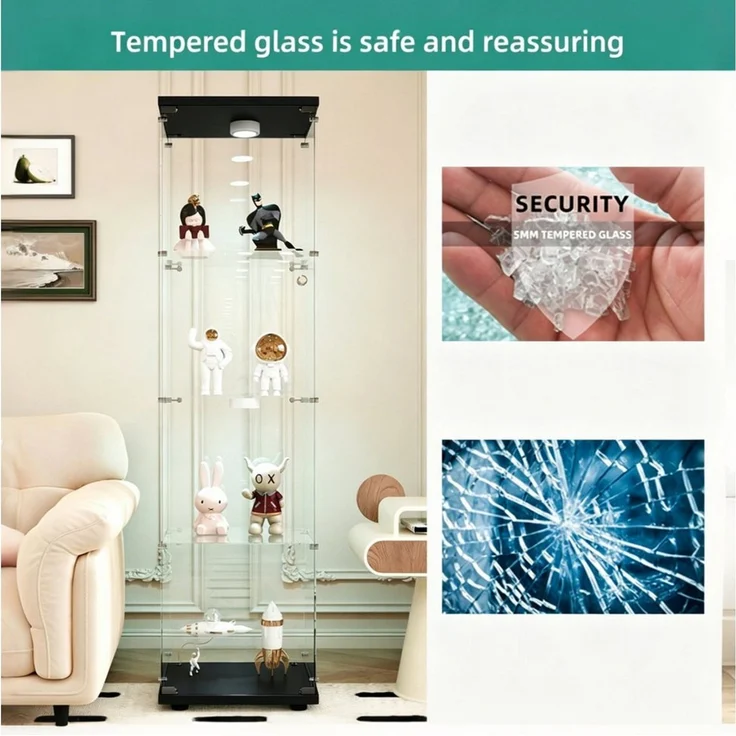 Simurq Glasvitrine mit LED Beleuchtung Standvitrine mit Glastür,Eckvitrine Glas (1-2 Packungen, Vitrinenschrank mit 1 türen,Schloss) Glas vitrine aus Gehärtetes Glas,Sammlervitrine Stehend – Bild 4