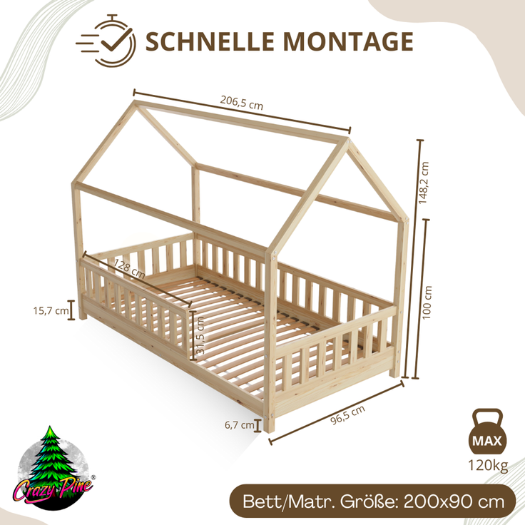 Crazy Pine 'Crazy Blanco' Hausbett mit Rausfallschutz, Skandinavisches Design, Naturholz, Natur, 90x200 cm, mit Höhenverstellbaren Beinen – Bild 2