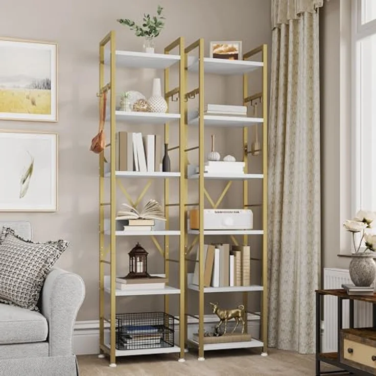 YITAHOME Bücherregal mit 6 Ebenen, Industrielles Standregal, Metallrahmen und Holzregale, Hohes Lagerregal mit 4 Haken, Präsentationsorganizer, für Wohnzimmer, Heimbüro, Gold Regal – Bild 3