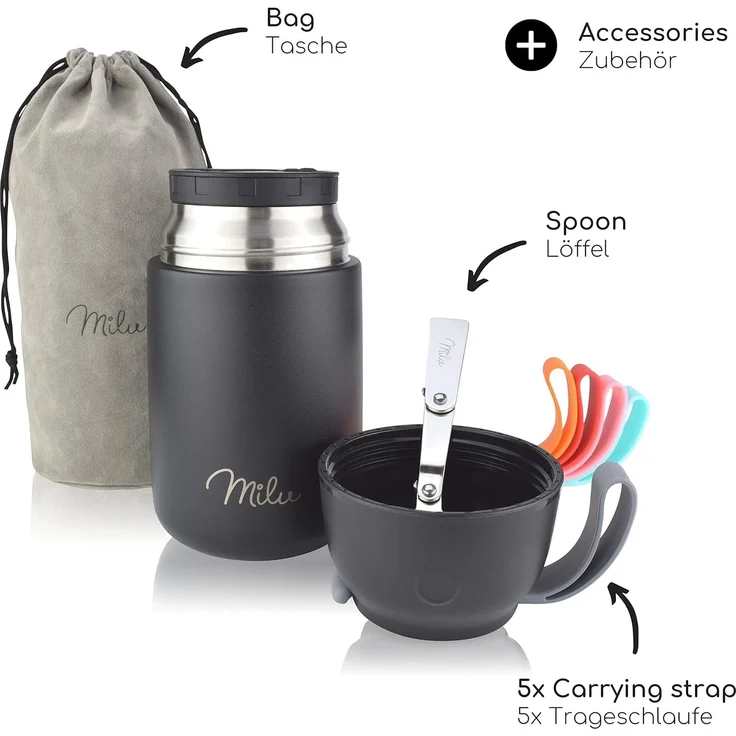 Milu® Thermobehälter für Essen 650ml, Edelstahl Warmhaltebehälter mit Löffel, Thermobecher Essen, Thermo Lunchbox für Kinder, Erwachsene, Thermobox Suppen, Babybrei, Speisebehälter Schwarz, 650ml – Bild 5