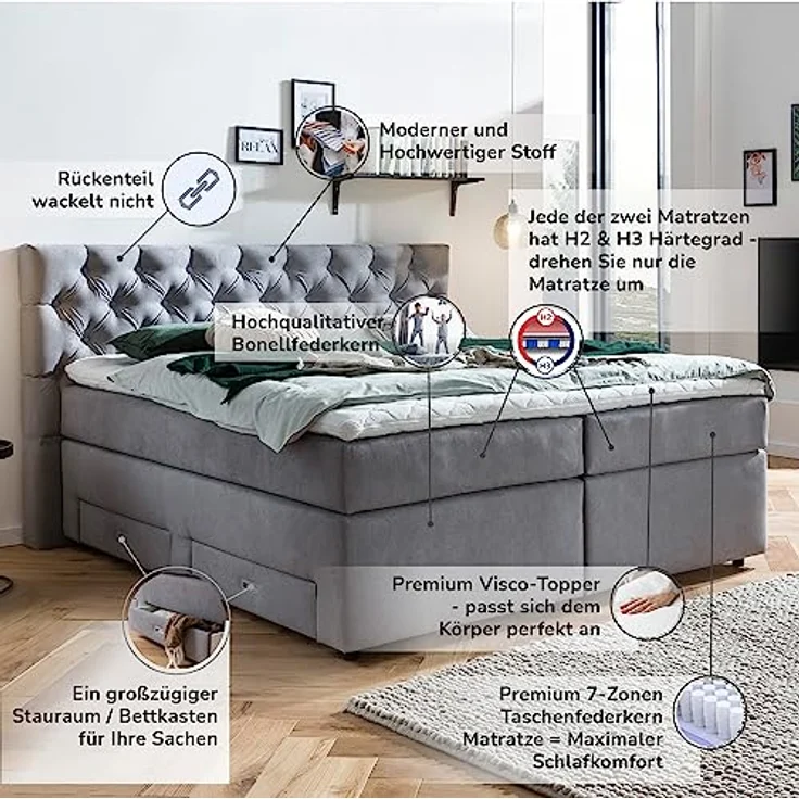 Belanoti Boxspringbett Lara (Boxspringbett 160x200 mit vier Schubladen Stauraum, 7-Zonen Taschenfederkern Matratze inklusive Visco Topper), Bett 160x200 mit Bettkasten in der Farbe Hellgrau H2/H3 Polsterbett – Bild 5