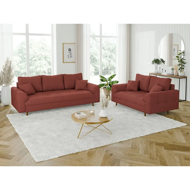 S-Style Möbel Polstergarnitur 3+2 Zara mit Braun Holzfüßen im skandinavischen Stil aus Cord-Stoff, (1x 2-Sitzer-Sofa, 1x 3-Sitzer-Sofa), mit Wellenfederung – Bild 1