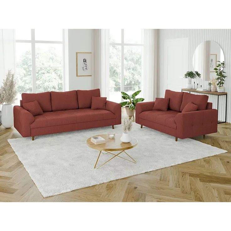 S-Style Möbel Polstergarnitur 3+2 Zara mit Braun Holzfüßen im skandinavischen Stil aus Cord-Stoff, (1x 2-Sitzer-Sofa, 1x 3-Sitzer-Sofa), mit Wellenfederung