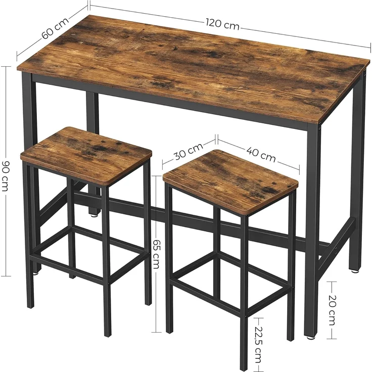 Vasagle 'LBT15X', Bartisch-Set Stehtisch mit 2 Barhockern, vintagebraun-schwarz, 120 x 60 x 90 cm – Bild 2