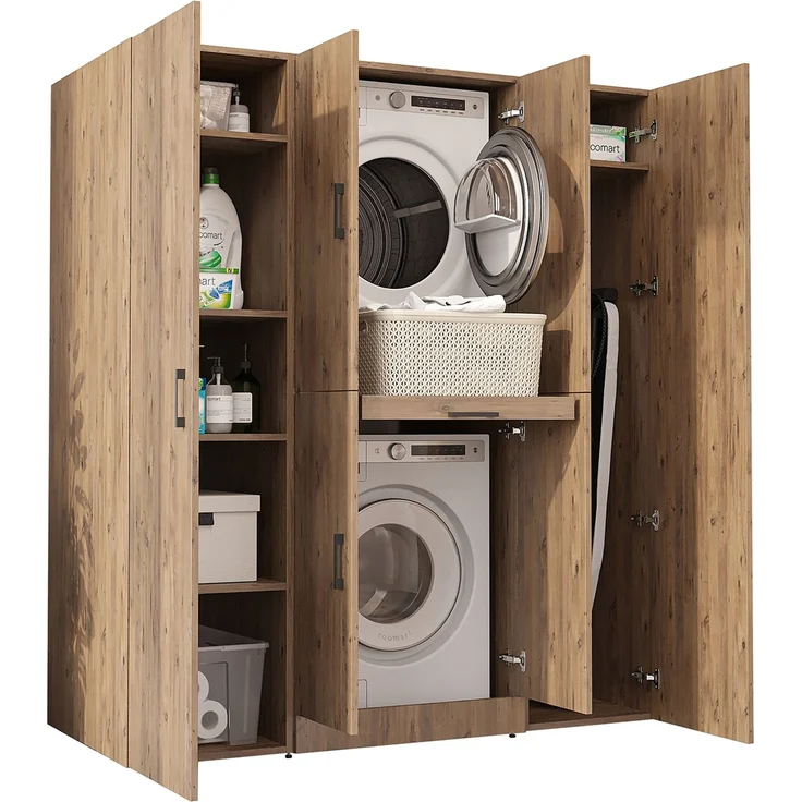 Roomart Waschmaschinenschrank - DORA-I- 160 cm breit - Wasch- & Trocknerschrank mit 2 Hochschränken, Türen & Ausziehbrett, Waschmaschinen-Überbau für Waschküche & Hauswirtschaftsraum • Eiche – Bild 8