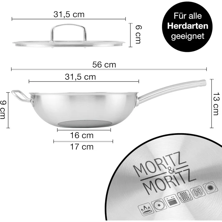 Moritz & Moritz Wok Wokpfanne 30cm mit Deckel, Edelstahl (Set), Antihaft – Bild 2