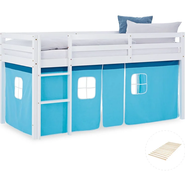 Hochbett Kinder 90x200 cm mit Lattenrost Kinderbett Kinderhochbett Stockbett Vorhang Blau Holz Massiv – Bild 1
