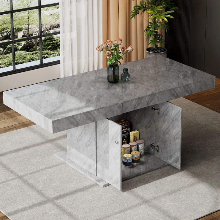 Ausziehbarer Esstisch 140/180x80x76 cm, Betonoptik Grau, mit Stauraum – Bild 5