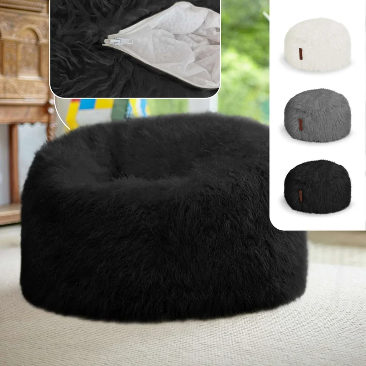 Green Bean® Sitzsack Fellotpik mit Füllmaterial (EPS Perlen) - Indoor Maße ca 100 x 55 cm - Bean Bag - Schwarz – Bild 2