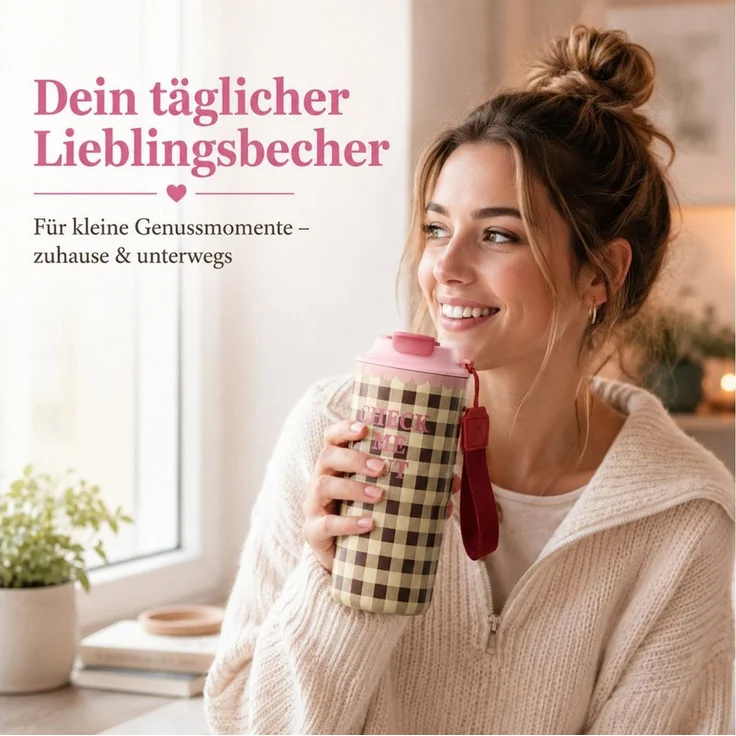 rice Thermobecher RICE Thermobecher Check Me Out 550 ml pink kariert, 1-tlg, Edelstahl, Schraubverschluss – Bild 4