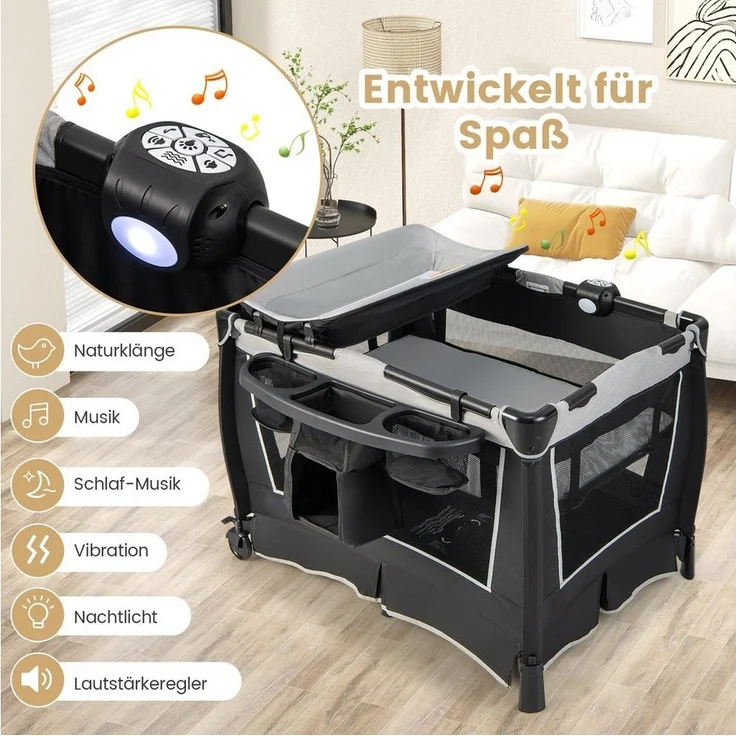 COSTWAY 4 in 1 klappbares Reisebett & Wickeltisch & Laufstall & Babywiege mit Schaukelfunktion, inkl. Babykorb, Wickelauflage, Matratze, Spieluhr, Spielzeug, Aufbewahrungsregal und Tragetasche Grau – Bild 3