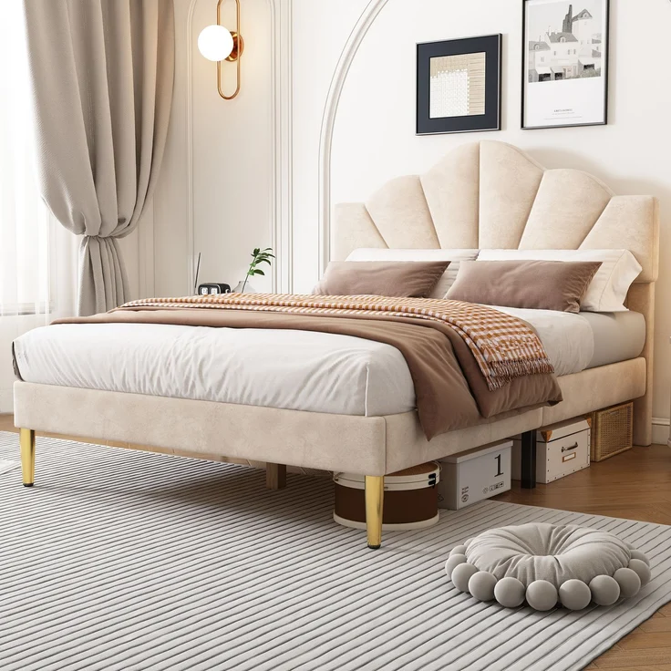 Polsterbett 140×190 cm mit höhenverstellbarem Kopfteil, Samtbezug, Beige, ohne Matratze – Bild 3