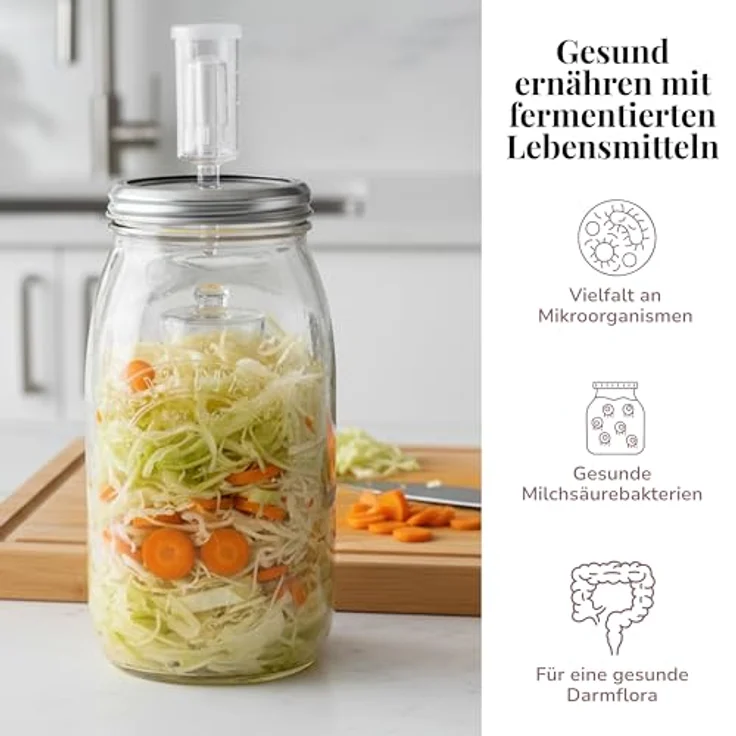 Kilner Fermentier Set / 1 Liter Glas mit Gärungsdeckel/einfaches Haltbarmachen von Gemüse/Fermentieren Starter Set/Konservieren von Gemüse, wie Sauerkraut und Kimchi/Einmachglas 1l – Bild 6