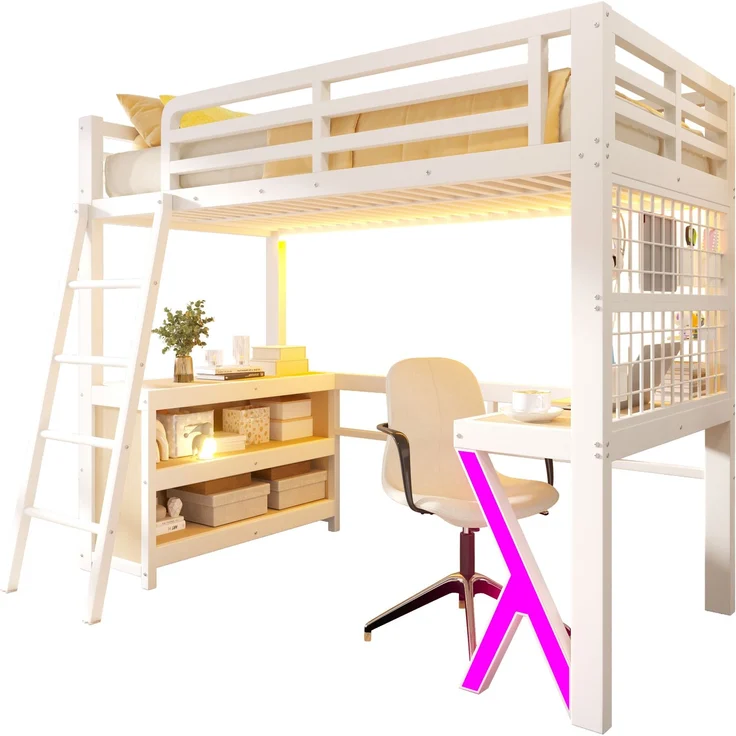 Merax Hochbett, 90 x 200 cm, Kinderbett, Einzelbett mit Tisch, LED - Lichtleiste, Aufbewahrungsschrank, Ohne Matratze, Weiß – Bild 10