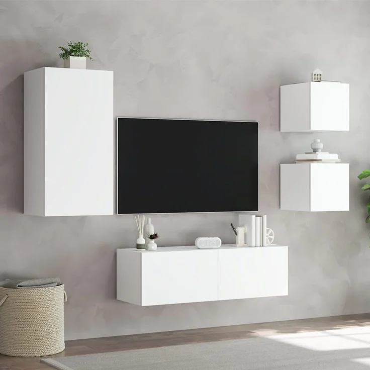 4-tlg. Wohnwand, Schrankwand mit LED-Leuchten Weiß – Bild 5
