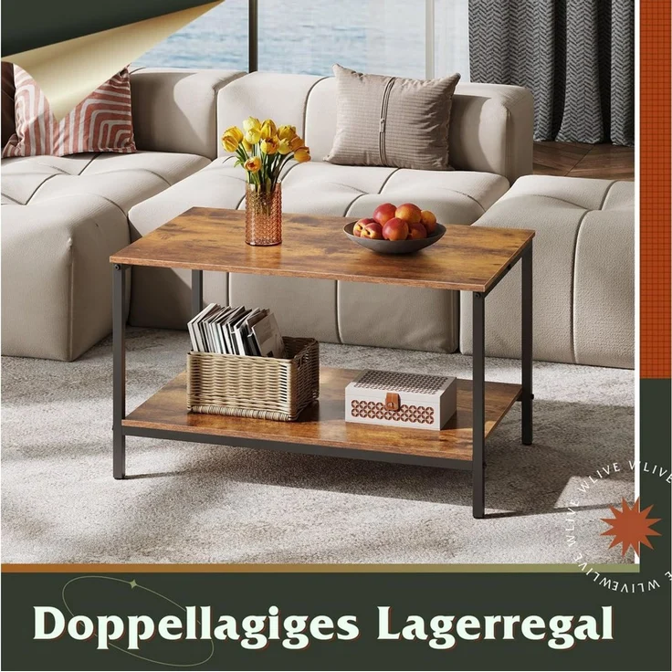 WLIVE Couchtisch Kleiner Wohnzimmertisch im Vintage-Industrial Design, (80 cm Sofatisch im Vintage Industrie Design mit Metallgestell, 80 × 46 × 50 cm, 1 Tisch), 2 Ablagen, Metallgestell, verstellbare Füße, 60 kg Tragkraft – Bild 4