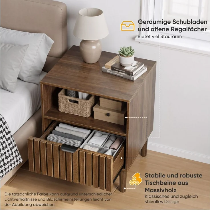 Celya Nachttisch 45 x 39 x 56.5 cm, Streifenmuster-Design mit einer Schublade (1er-set, mit 1 offenes Ablagefach, Geeignet für Schlafzimmer, Flur, Wohnzimmer) – Bild 4