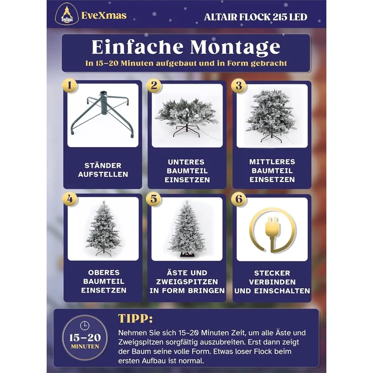 EveXmas Altair Flock Künstlicher Weihnachtsbaum Grün-Weiß 215 cm mit 490 LEDs – beschneite Optik, 100% PE Spritzguss, inkl. Metallständer – Bild 4