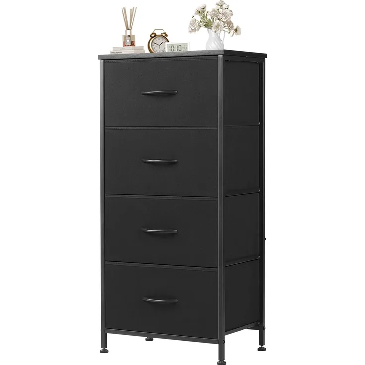 Sweetcrispy Kommode,Sideboard Wohnzimmer für Schlafzimmer mit 4 Stoffschubladen,Einstellbare Füße Schubladenschrank,Komodenschrank für Schlafzimmer,Klassisch Schwarz