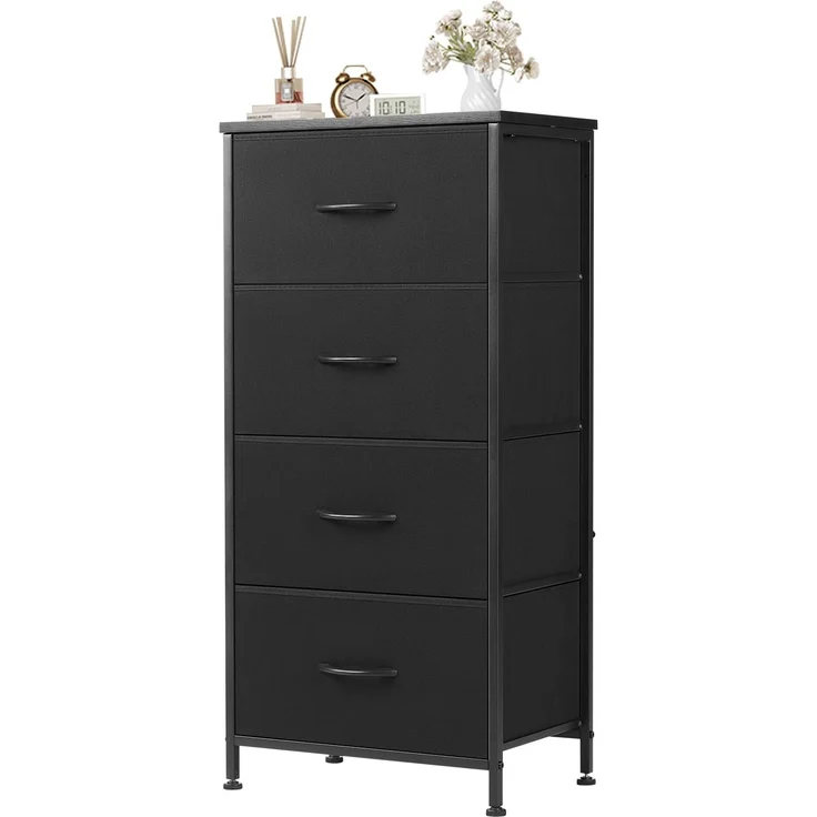 Sweetcrispy Kommode,Sideboard Wohnzimmer für Schlafzimmer mit 4 Stoffschubladen,Einstellbare Füße Schubladenschrank,Komodenschrank für Schlafzimmer,Klassisch Schwarz
